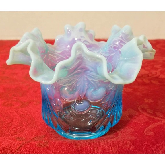 L.G.Wright Ice Blue Opalescent (Wreathed) Cherries Cream and Sugar Set - Picture 4 of 8